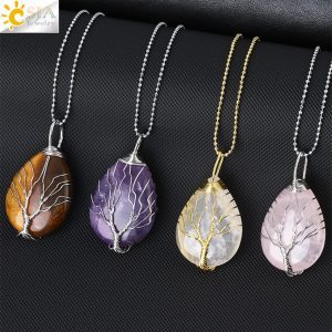 Tree of life Crystals Water Drop Pendant Necklace