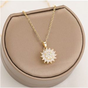 Stainless Steel Rotating Sunflower Pendant Necklace Women