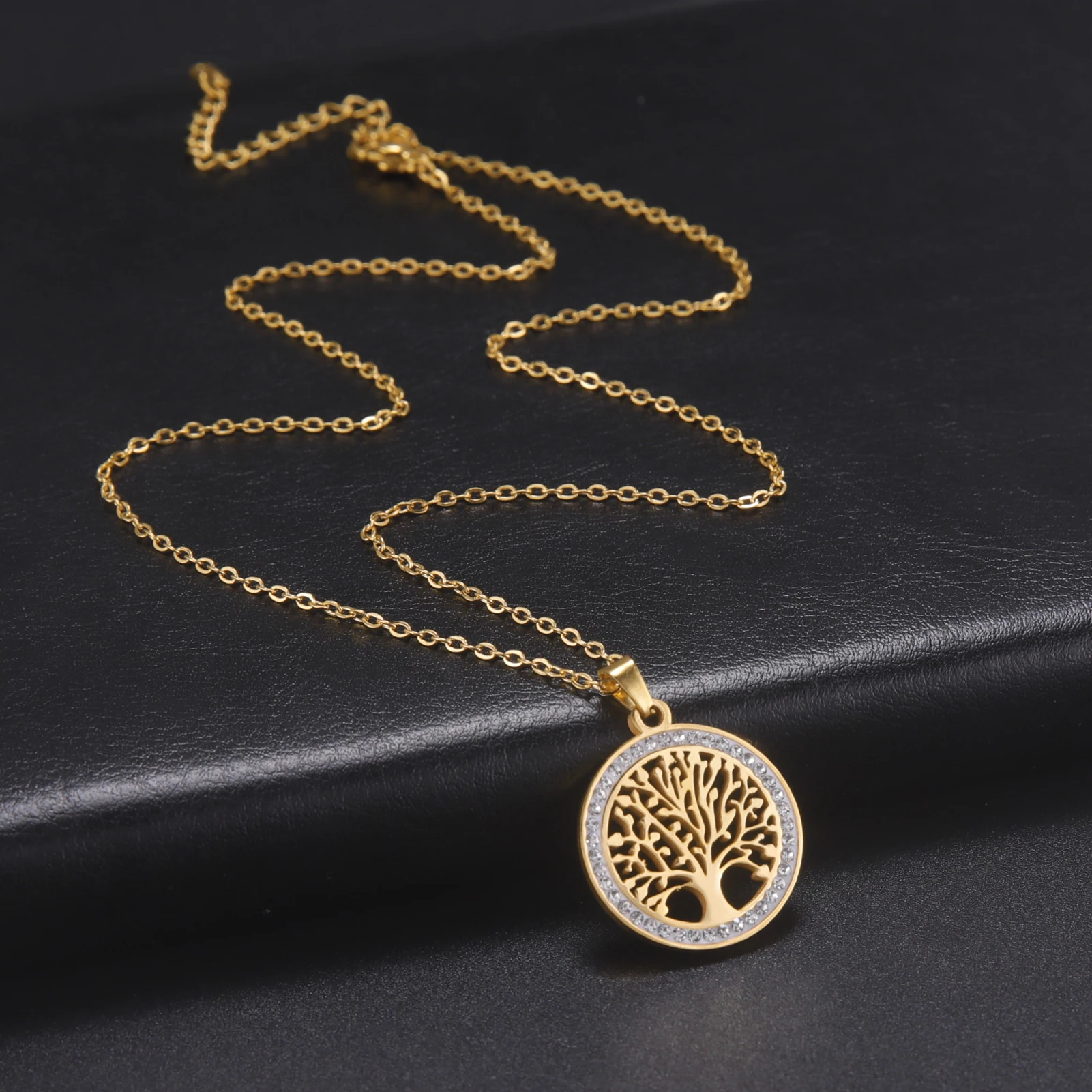 Tree of Life Necklace for Women Stainless Steel Gold Color Clear Zircon