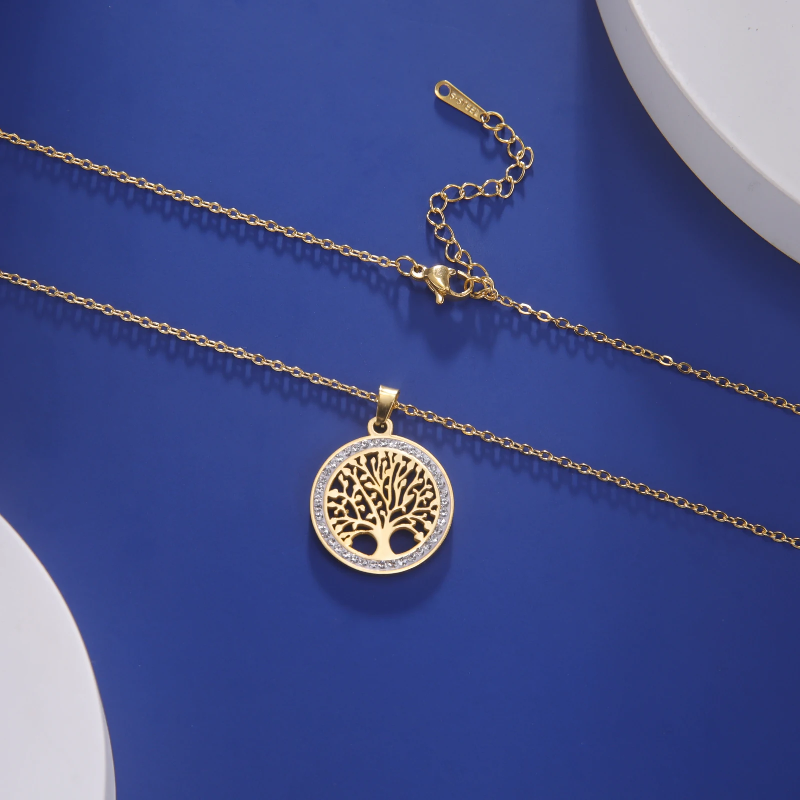 Tree of Life Necklace for Women Stainless Steel Gold Color Clear Zircon