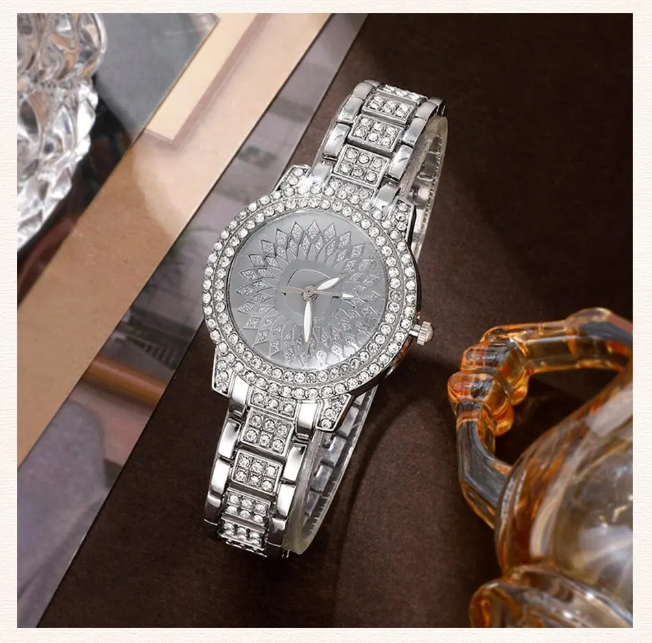 Diamond Watch Ring Necklace Earrings Bracelet Set Fashion Wristwatch