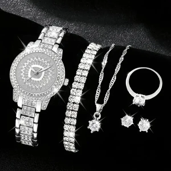 Women Diamond Watch Ring Necklace Earrings Bracelet Set