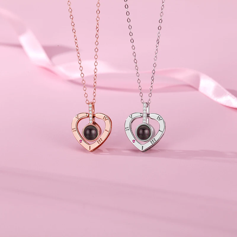 Projection Necklace Set With Rose Gift Box 100 Languages I Love You Heart Pendant Jewelry