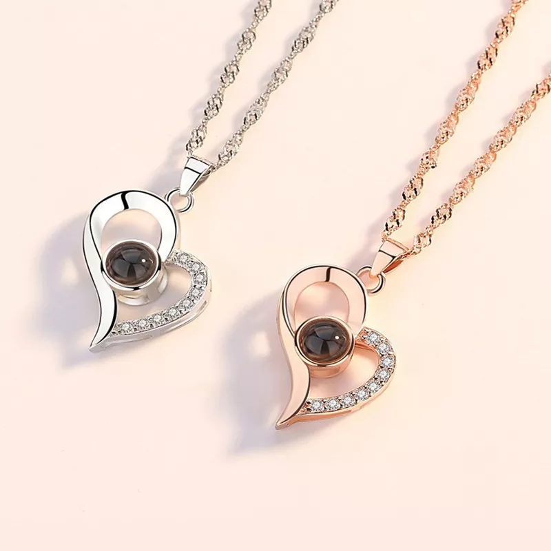 Projection Necklace Set With Rose Gift Box 100 Languages I Love You Heart Pendant Jewelry
