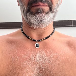 Stainless Steel Tiger Eye Black Crystal Pendant Necklace Men