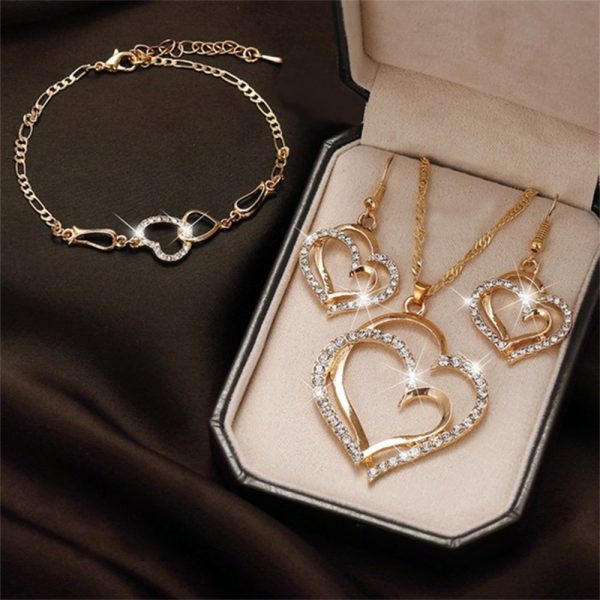 Double Heart Necklace Earrings Bracelet Jewelry Set Gift