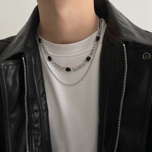 Double Layer Cuban Chain Black Crystal Necklace For Men