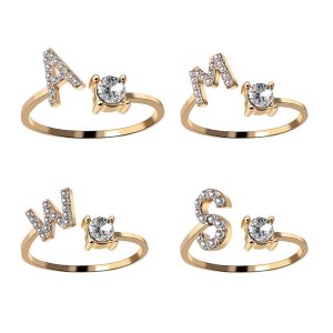 A-Z Letter Adjustable Opening Gold Rings For Women