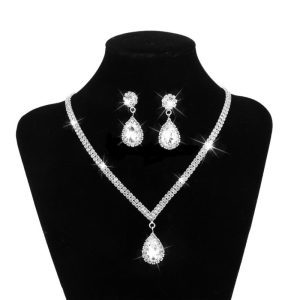 Water Drop Rhinestone Long Pendant Necklace Earrings Set