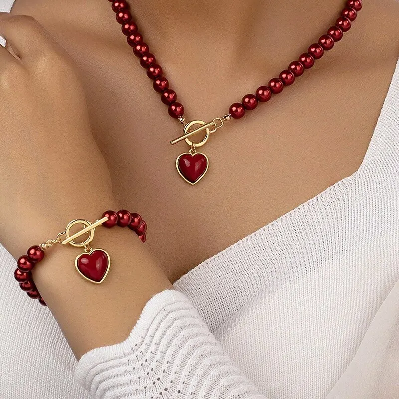 2 Pcs Immitation Pearl Necklace Bracelet Jewelry Set 