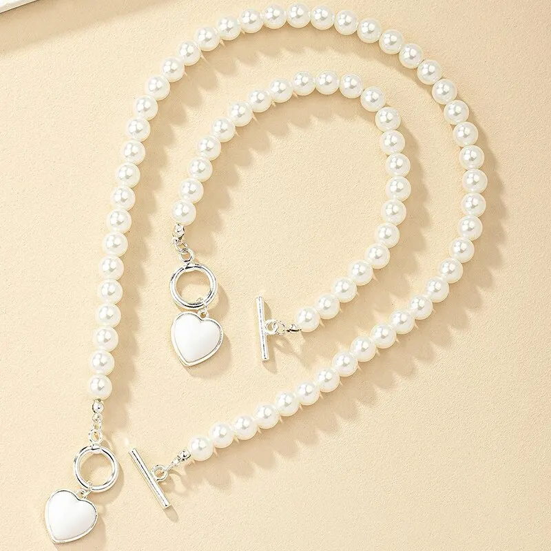 2 Pcs Immitation Pearl Necklace Bracelet Jewelry Set Elegant Pearl Color Pendant Natural Color Beads Collar For Girl