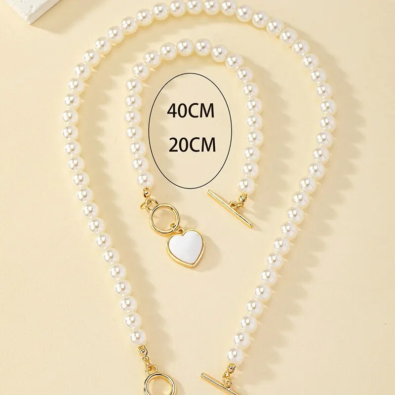 2 Pcs Immitation Pearl Necklace Bracelet Jewelry Set Elegant Pearl Color Pendant Natural Color Beads Collar For Girl