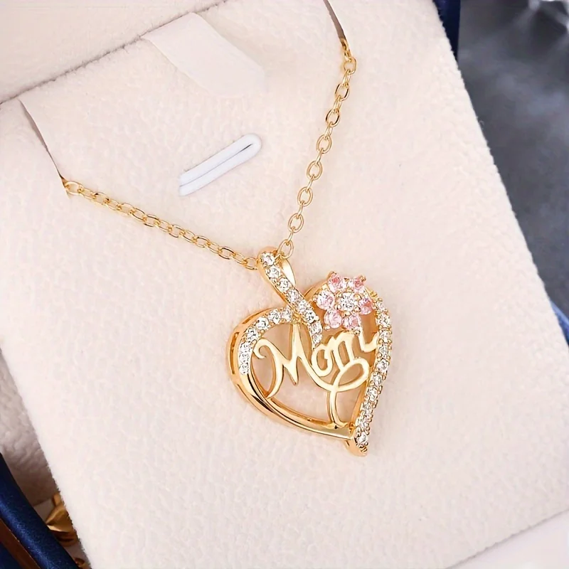 Mom Heart Pendant Necklace With Rose Gift Box For Mom Birthday Luxury Zircon Jewelry