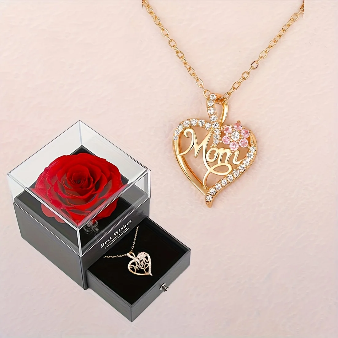 Heart Pendant Necklace With Rose Gift Box For Mom