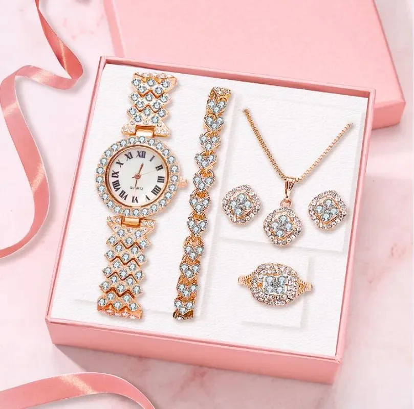 Necklace Earrings Ring Set 5 Pcs for Women Rhinestone Wristwatch