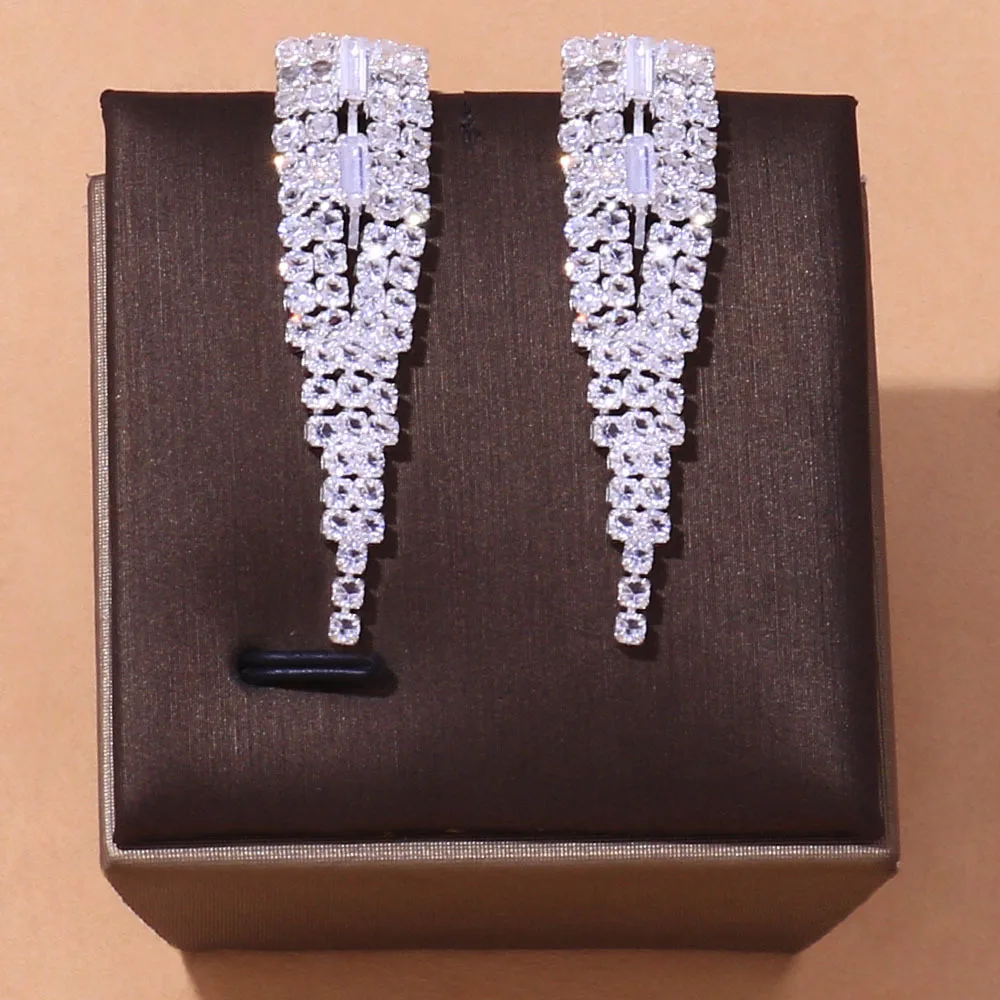 Silver Color Geometric Rhinestone Bridal Jewelry, Necklace-earring--Set-