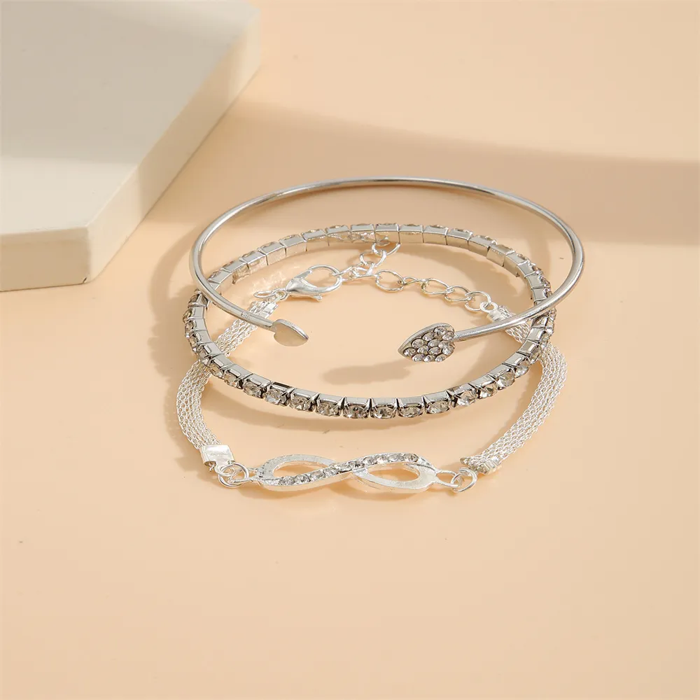 Vintage Set Silver Color Crystal Rhinestone Heart Bracelets for Women