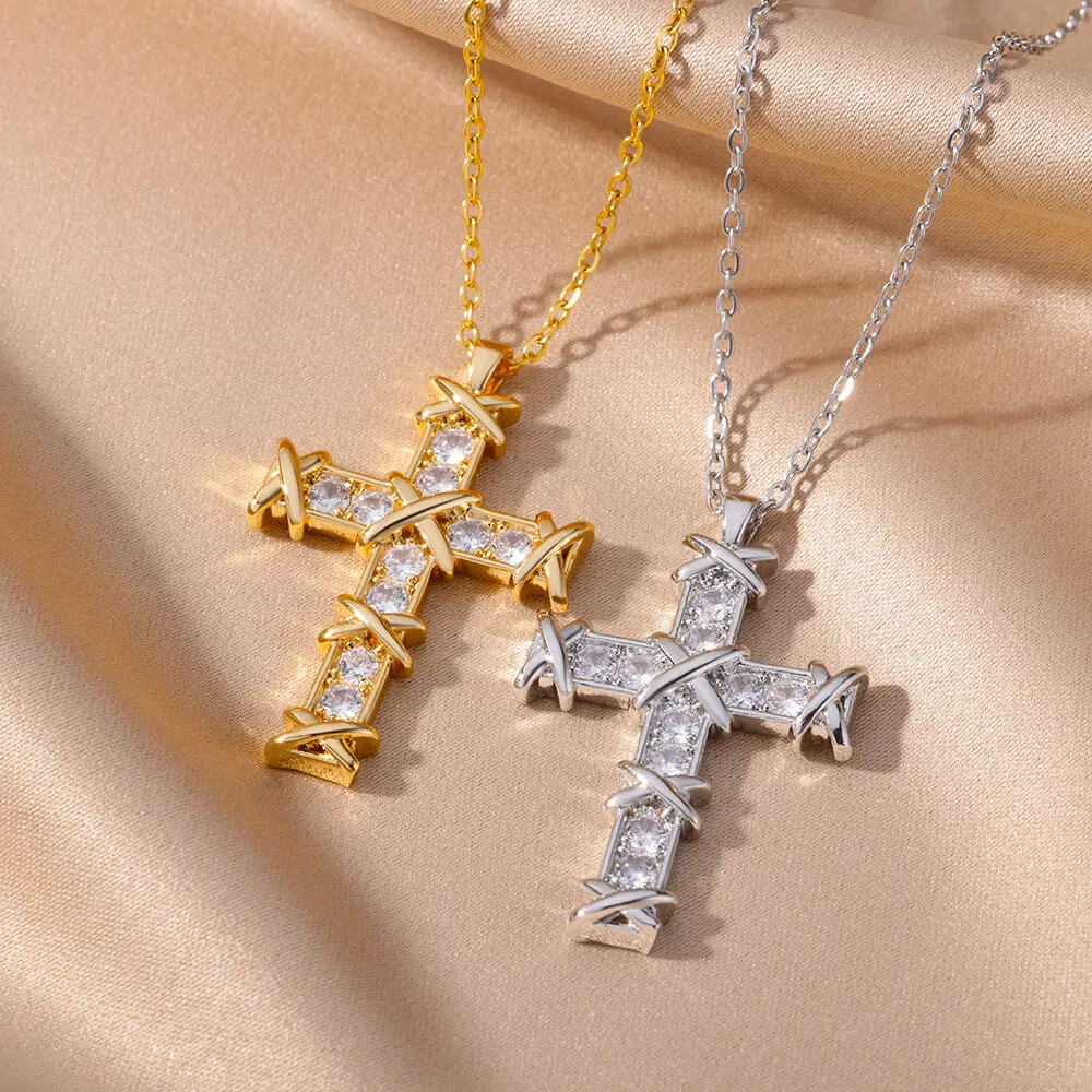 Stainless Steel Zircon Cross Pendant Necklace for Women