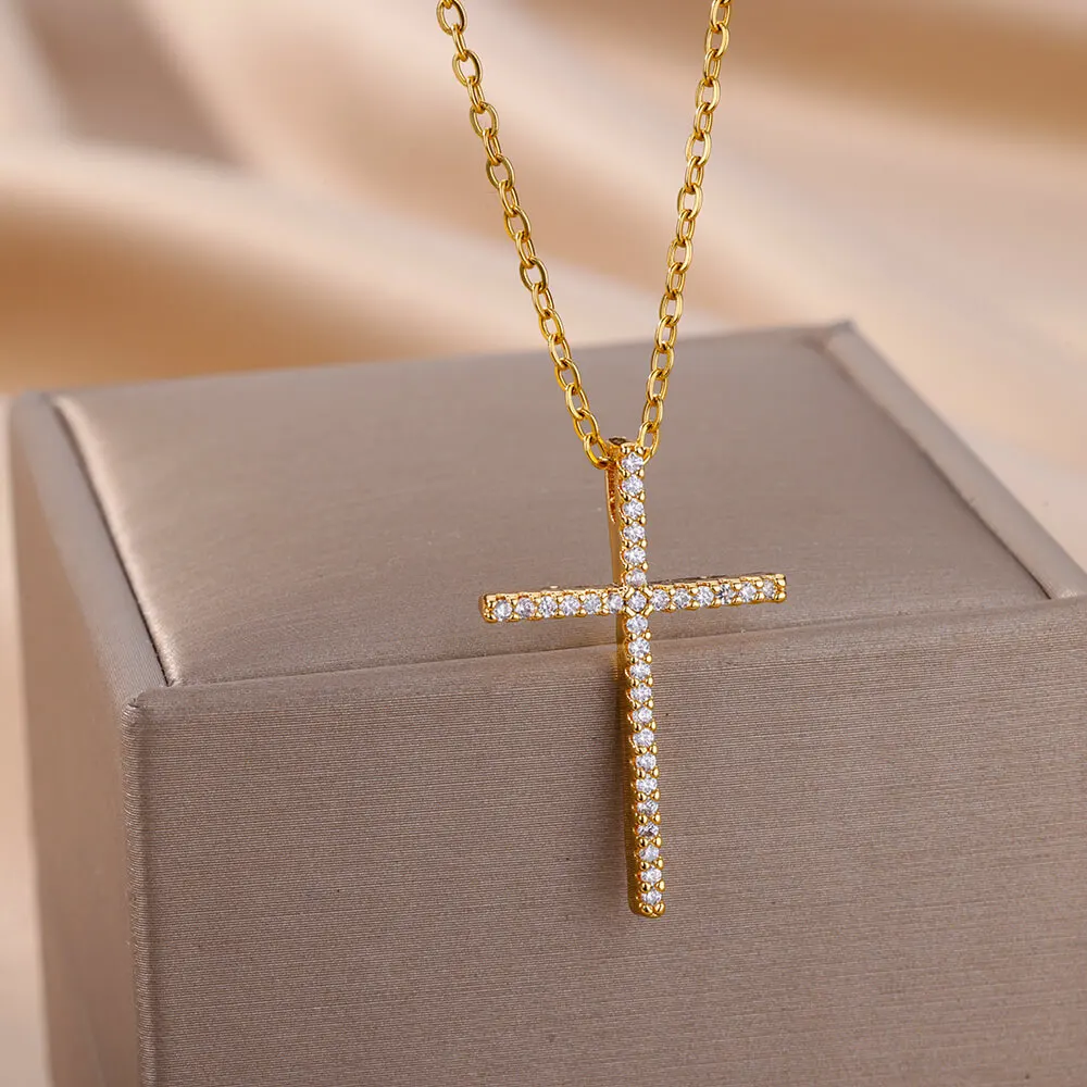 Stainless Steel Zircon Cross Pendant Necklace for Women