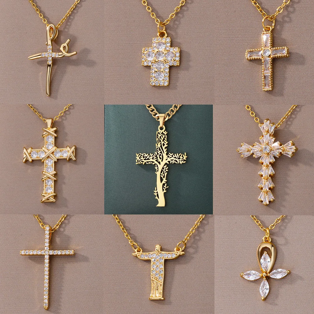 Stainless Steel Zircon Cross Pendant Necklace for Women