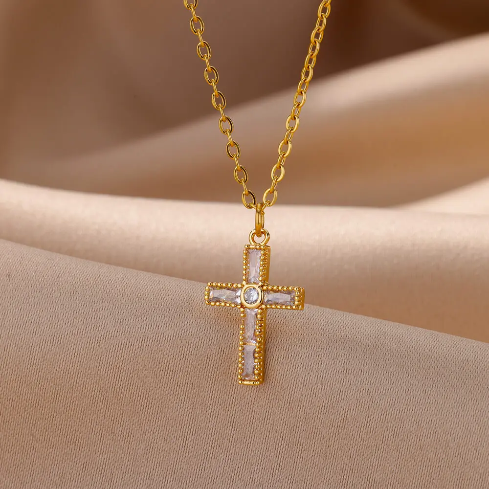 Stainless Steel Zircon Cross Pendant Necklace for Women