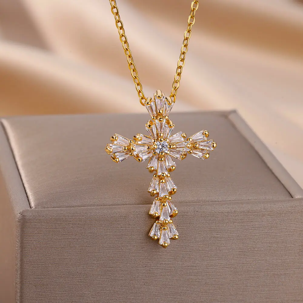 Stainless Steel Zircon Cross Pendant Necklace for Women