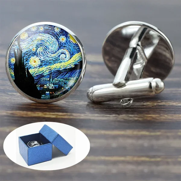 Night Sunflower Van Gogh Oil Painting Glass Alloy Cufflinks