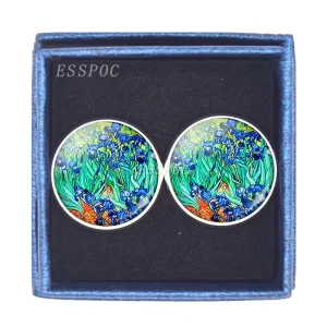 Night Sunflower Van Gogh Oil Painting Glass Alloy Cufflinks