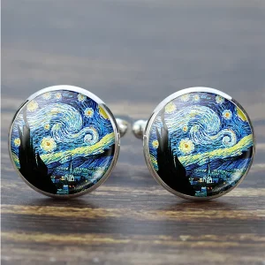 Night Sunflower Van Gogh Oil Painting Glass Alloy Cufflinks