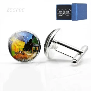 Night Sunflower Van Gogh Oil Painting Glass Alloy Cufflinks