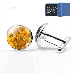 Night Sunflower Van Gogh Oil Painting Glass Alloy Cufflinks