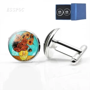 Night Sunflower Van Gogh Oil Painting Glass Alloy Cufflinks