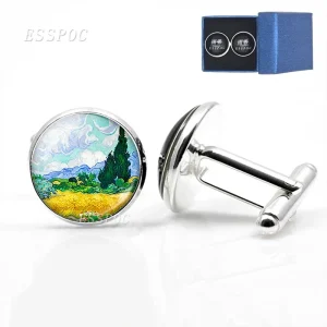 Night Sunflower Van Gogh Oil Painting Glass Alloy Cufflinks