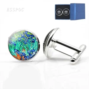 Night Sunflower Van Gogh Oil Painting Glass Alloy Cufflinks