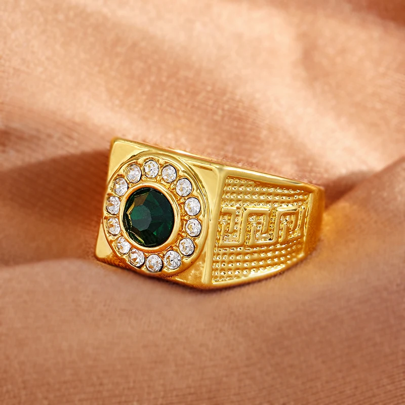 Green Stone Classic Gold Color Ring for Dad