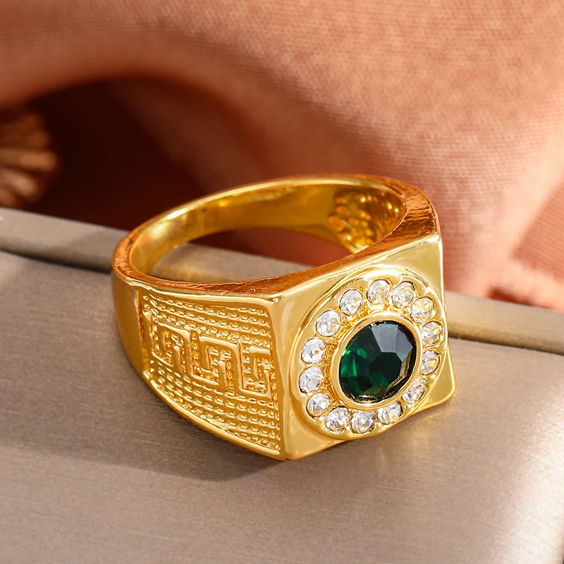 Green Stone Classic Gold Color Ring for Dad