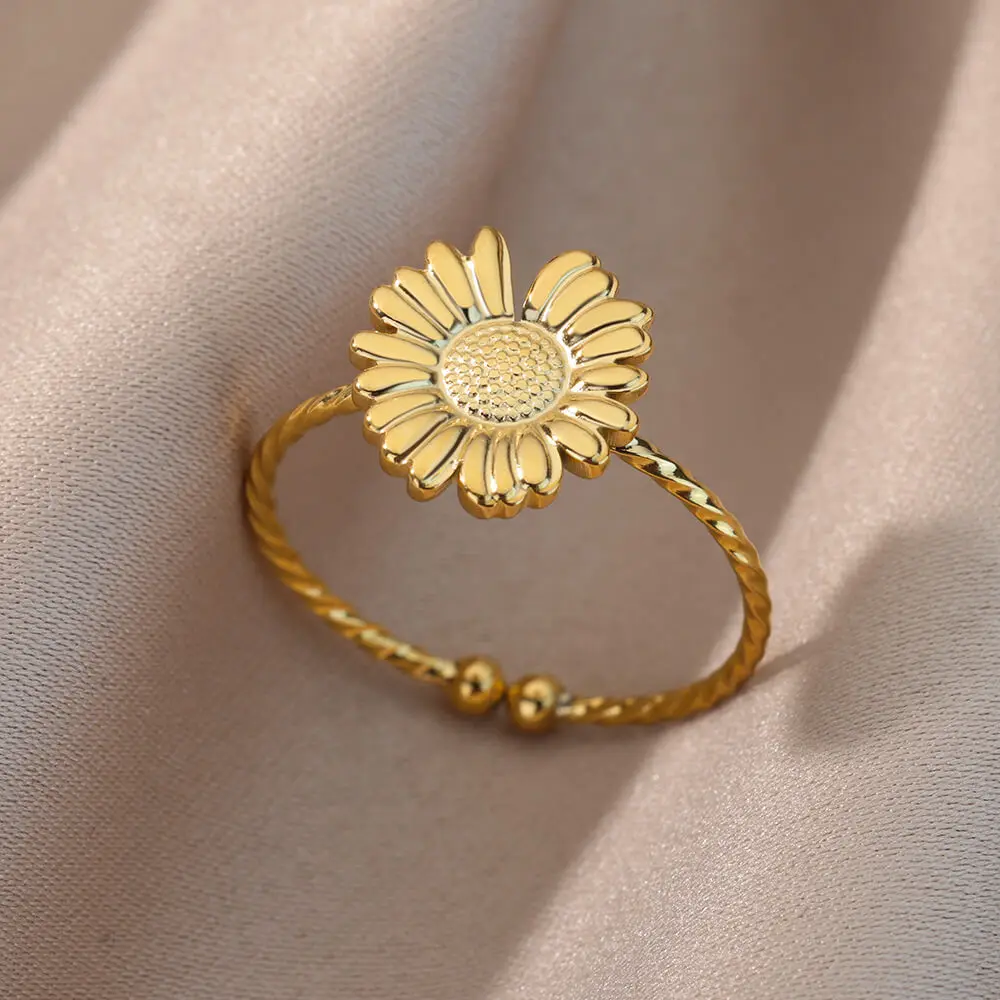 Stainless Steel Gold Color Daisy Ring For Women