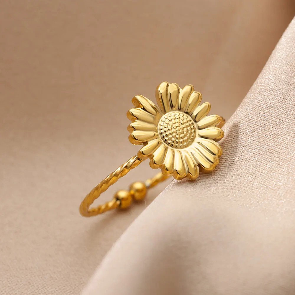 Stainless Steel Gold Color Daisy Ring For Women