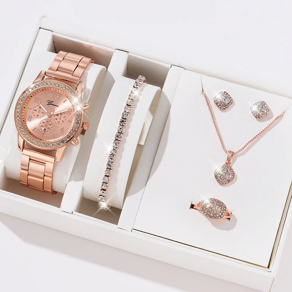 Women Quartz Watch Luxury with Diamonds Clock Ring Necklace