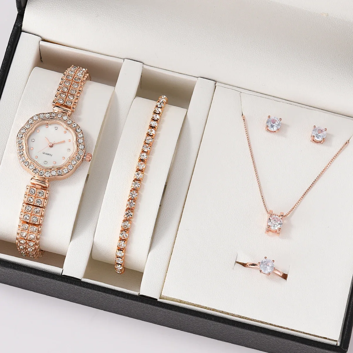 Women Quartz Watch Luxury with Diamonds Clock Ring Necklace