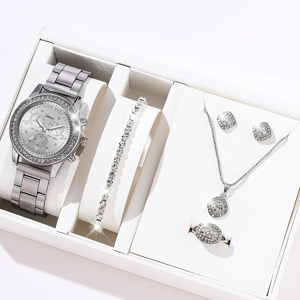 Women Quartz Watch Luxury with Diamonds Clock Ring Necklace