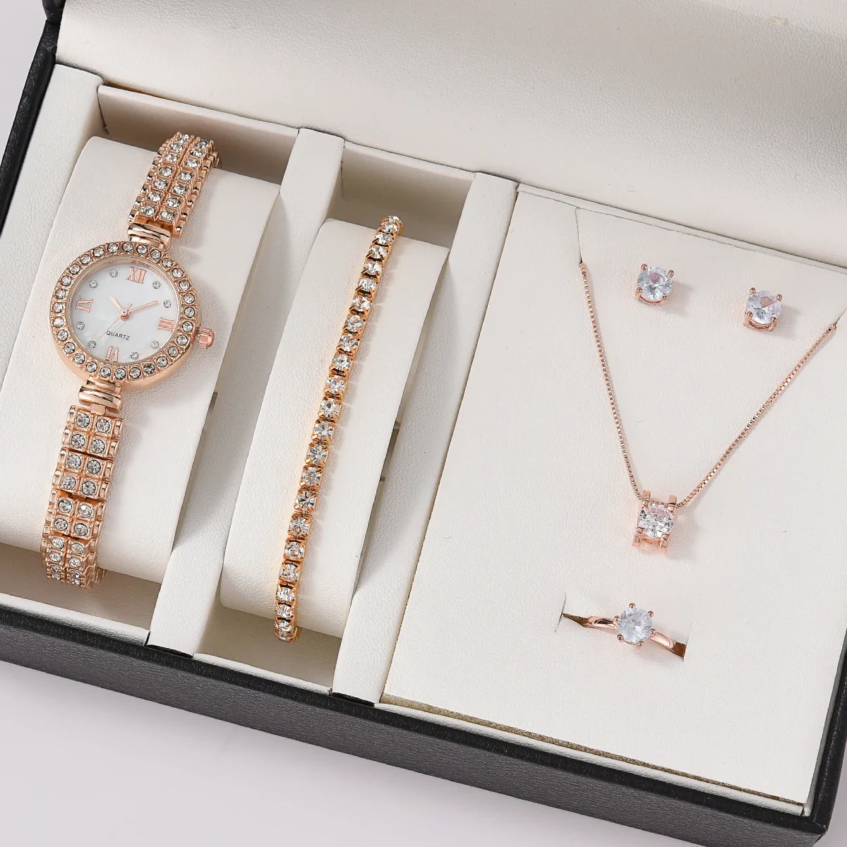 Women Quartz Watch Luxury with Diamonds Clock Ring Necklace