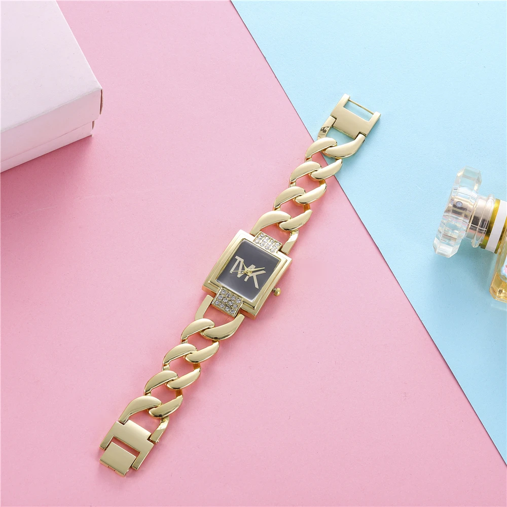 Luxury Gold Ladies Brand Watch Fashion Square With Diamonds Simple Women