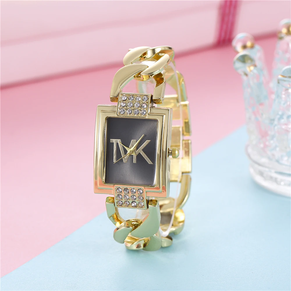 Luxury Gold Ladies Brand Watch Fashion Square With Diamonds Simple Women