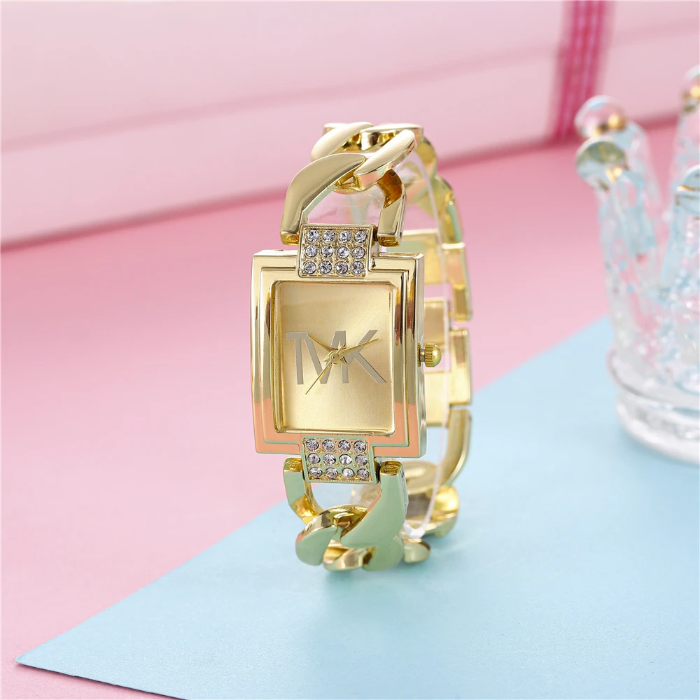 Luxury Gold Ladies Brand Watch Fashion Square With Diamonds Simple Women