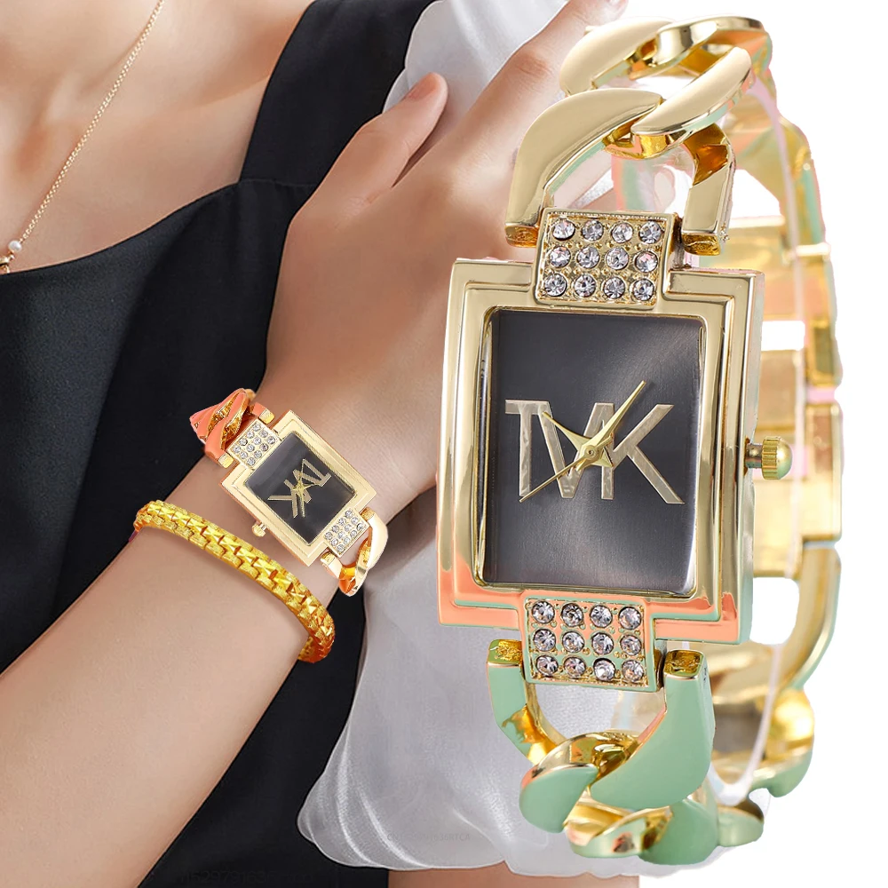 Luxury Gold Ladies Brand Watch Fashion Square With Diamonds Simple Women