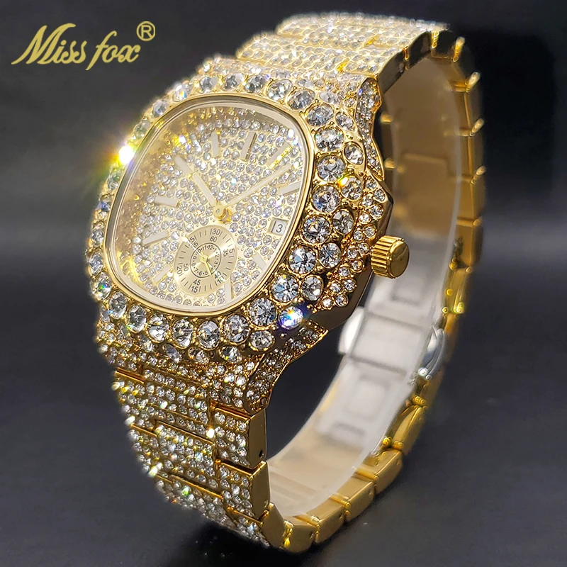 Gold Watch For Men Diamond Iced Out Hip Hop Stylish Quartz