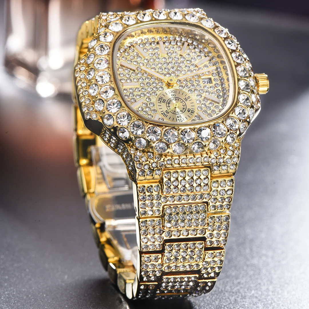 Gold Watch For Men Diamond Iced Out Hip Hop Stylish Quartz