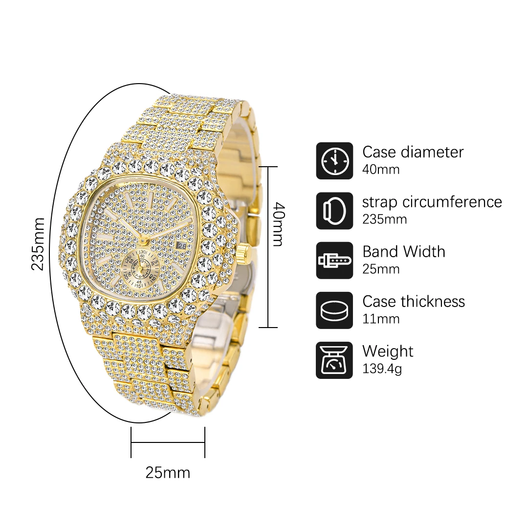 Gold Watch For Men Diamond Iced Out Hip Hop Stylish Quartz