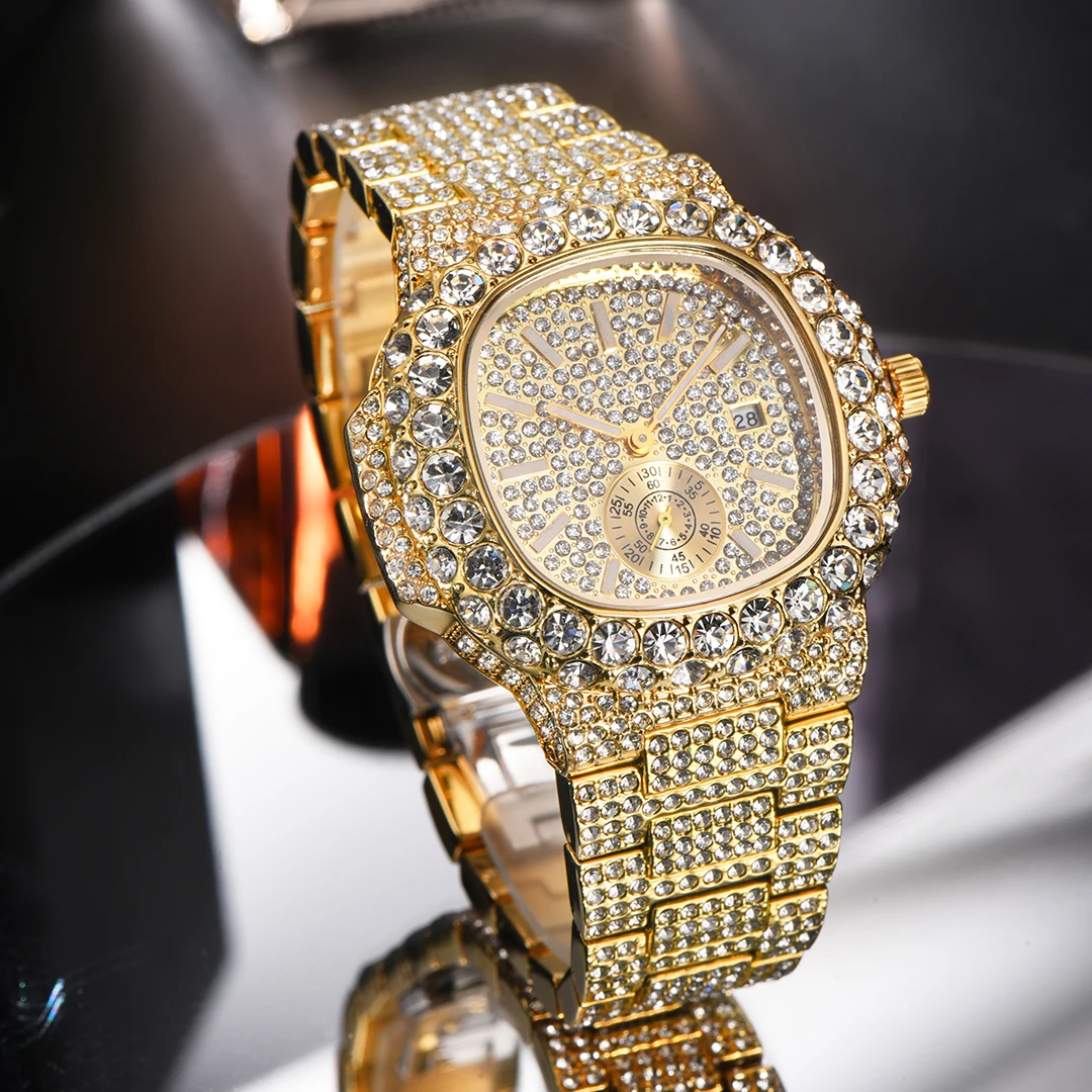 Gold Watch For Men Diamond Iced Out Hip Hop Stylish Quartz